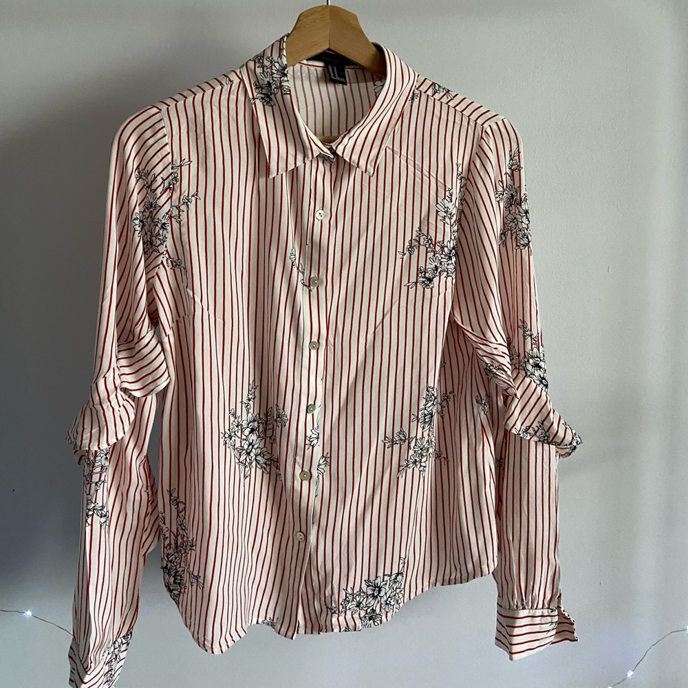 Red and white striped floral blouse